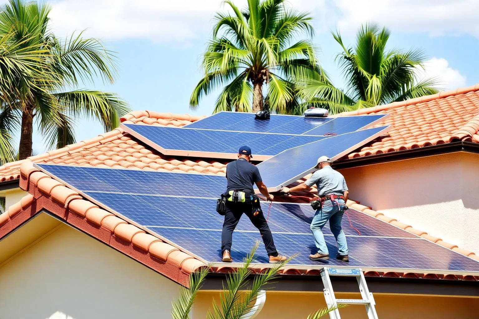 Local solar installation crew working on a Brownsville home's tile roof with palm trees in the background