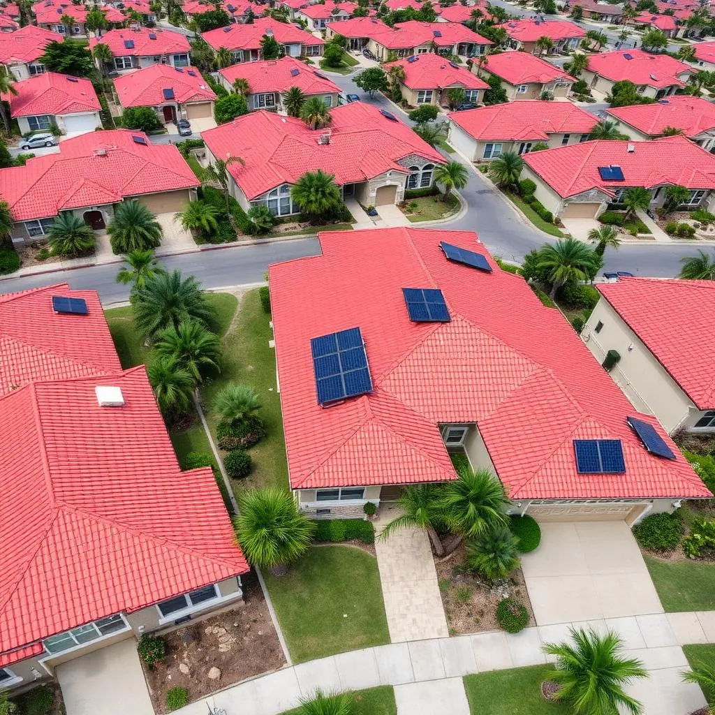 Aerial view of a Brownsville HOA neighborhood with tile roofs and roof-flush solar arrays